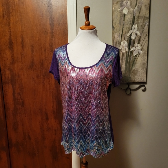 NWT Susan Lawrence Top Large Purple Sequins Chevron